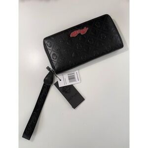 Ed Hardy Black Skull Heart Embossed Zip Around Wallet Wristlet